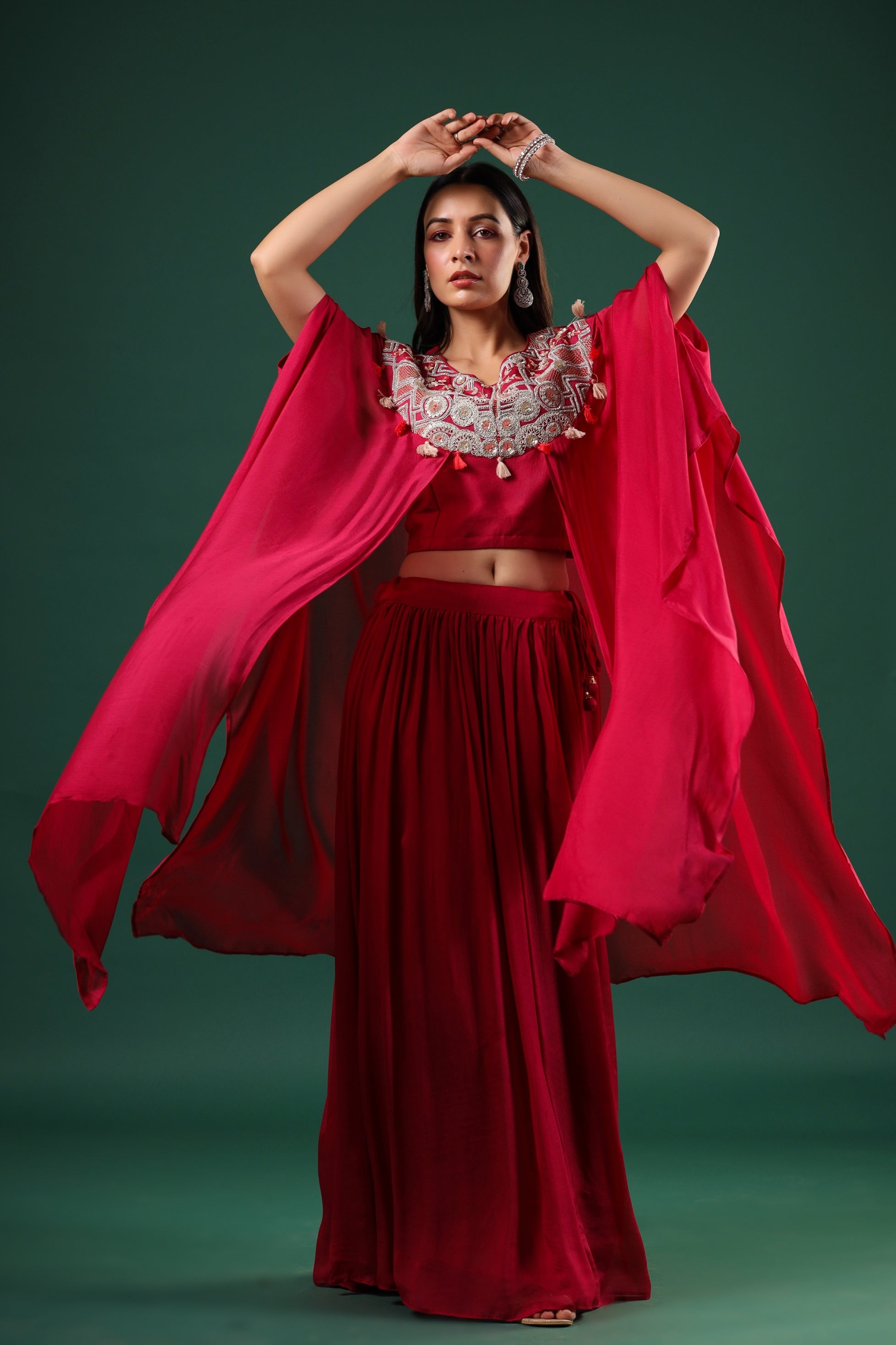 Red Embellished Chinon Silk Skirt Set