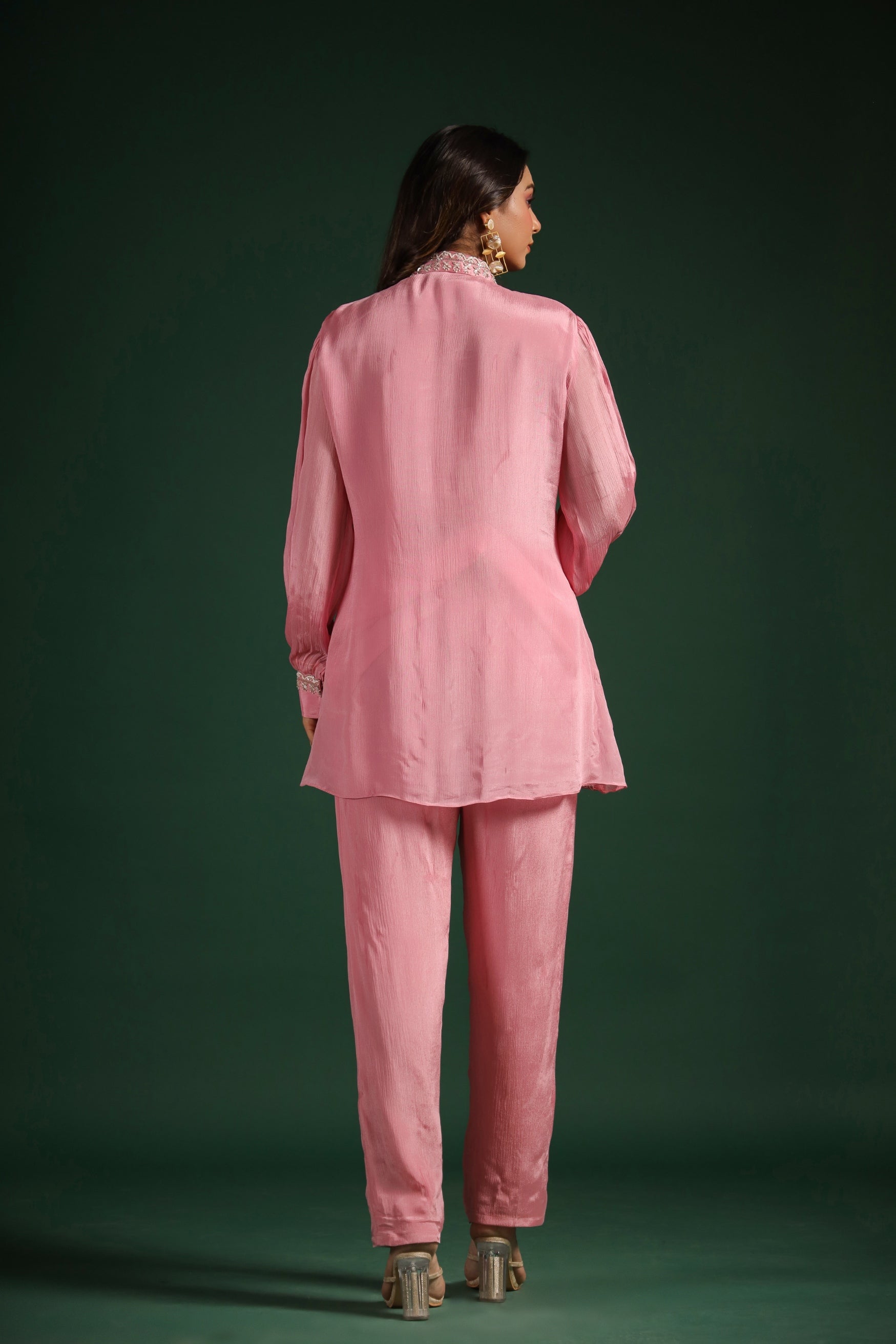 Salmon Pink Embellished Premium Chinon Silk Co-Ord Set