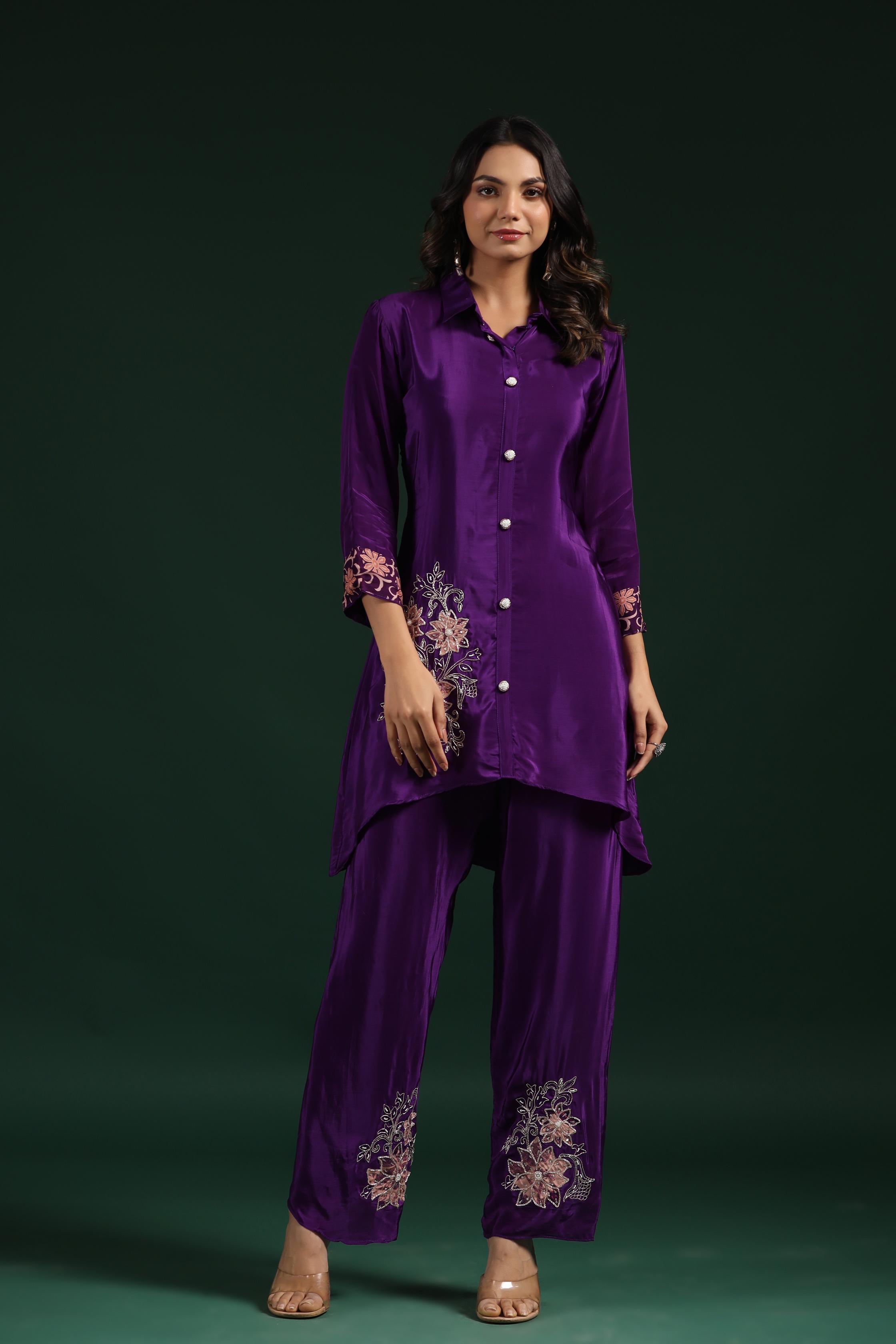 Purple Embellished Crepe Silk Co-Ord Set