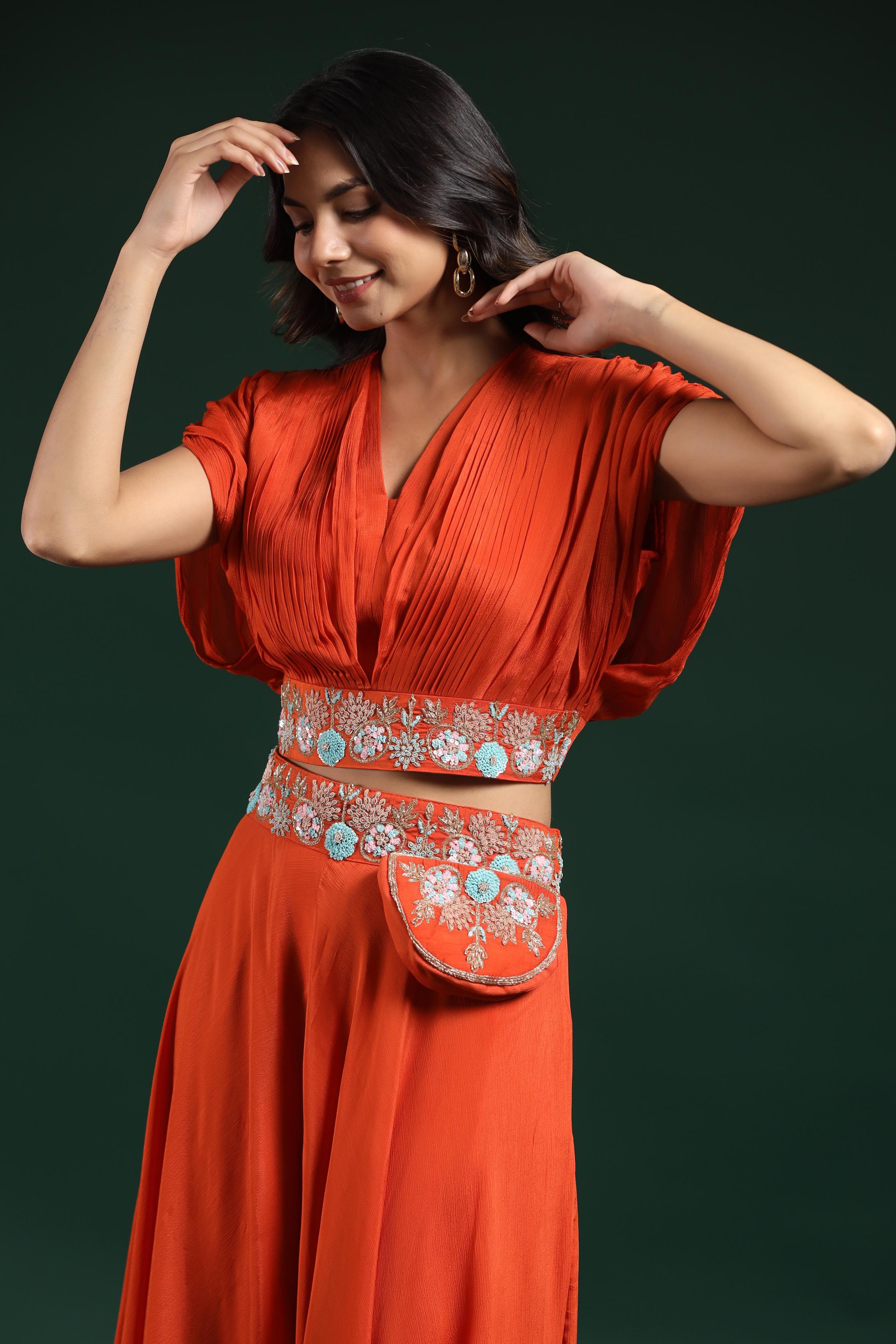 Orange Embroidered Crop Top with Palazzo Set