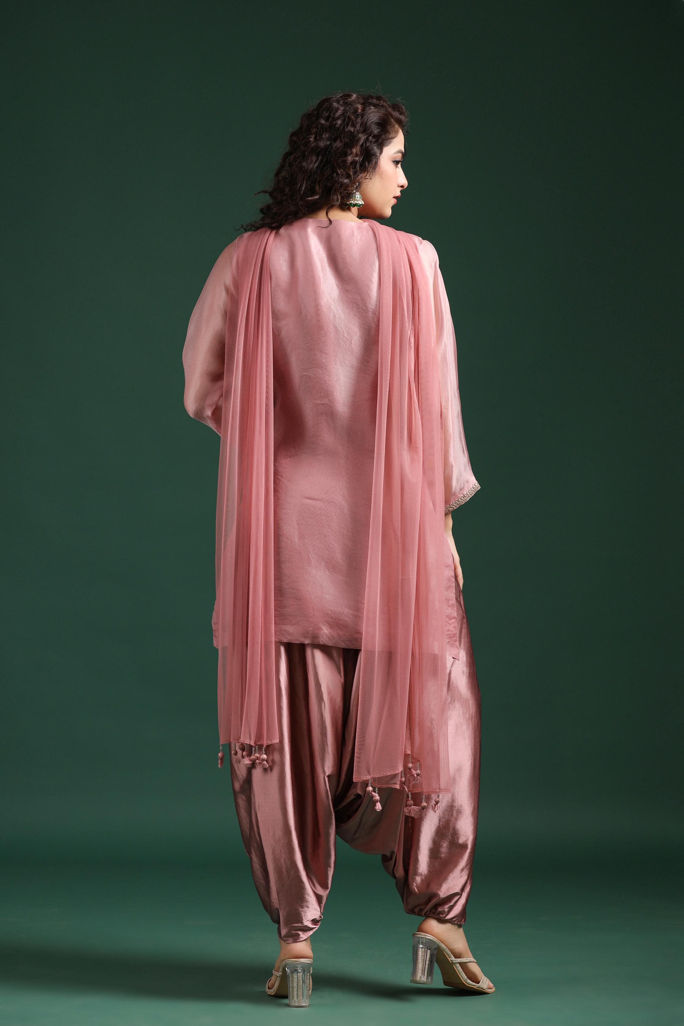 Light Pink Embellished Premium Organza Silk Cowl Pants Set