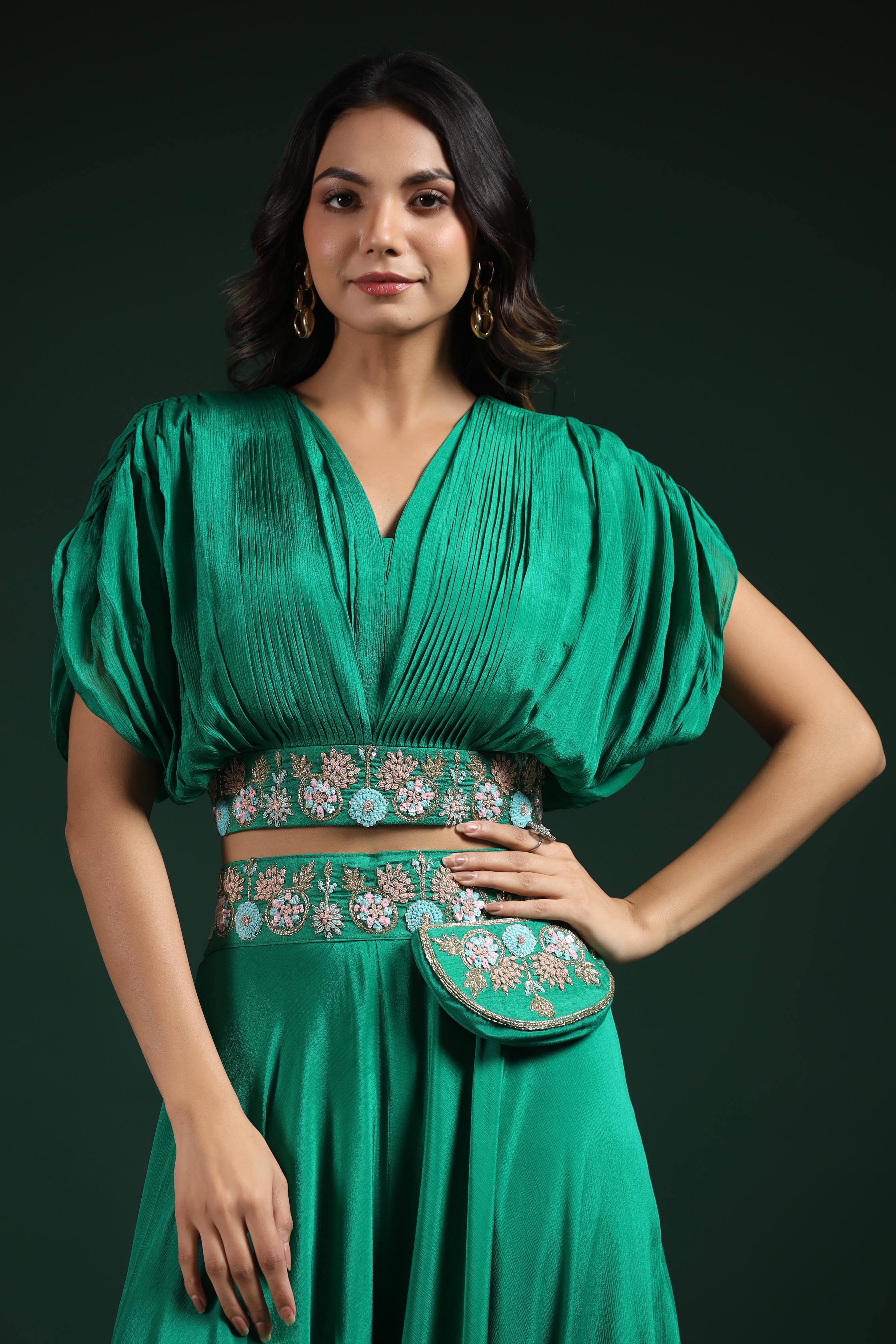 Jade Green Embroidered Crop Top with Palazzo Set