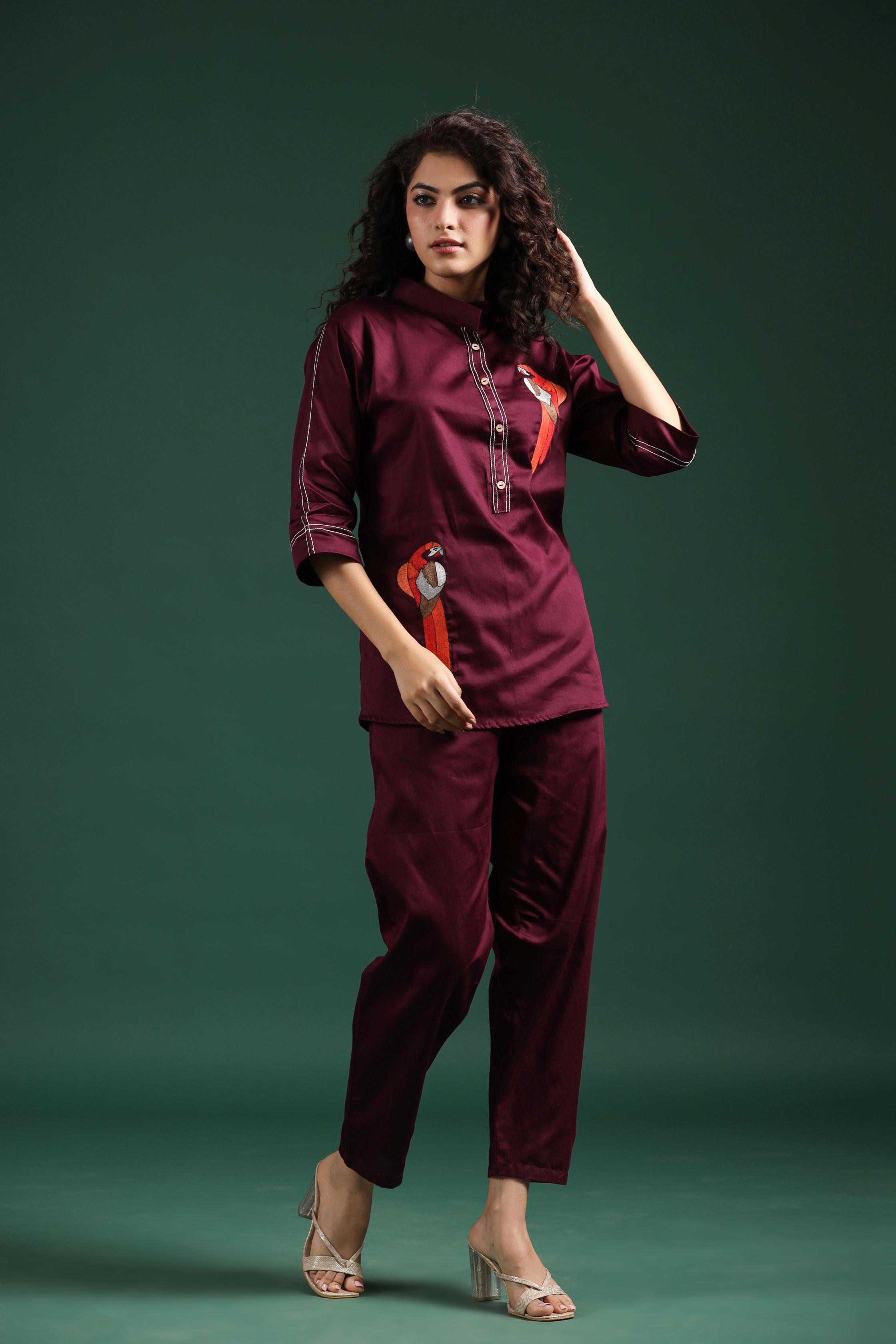 Wine Embroidered Spanish Silk Co-Ord Set