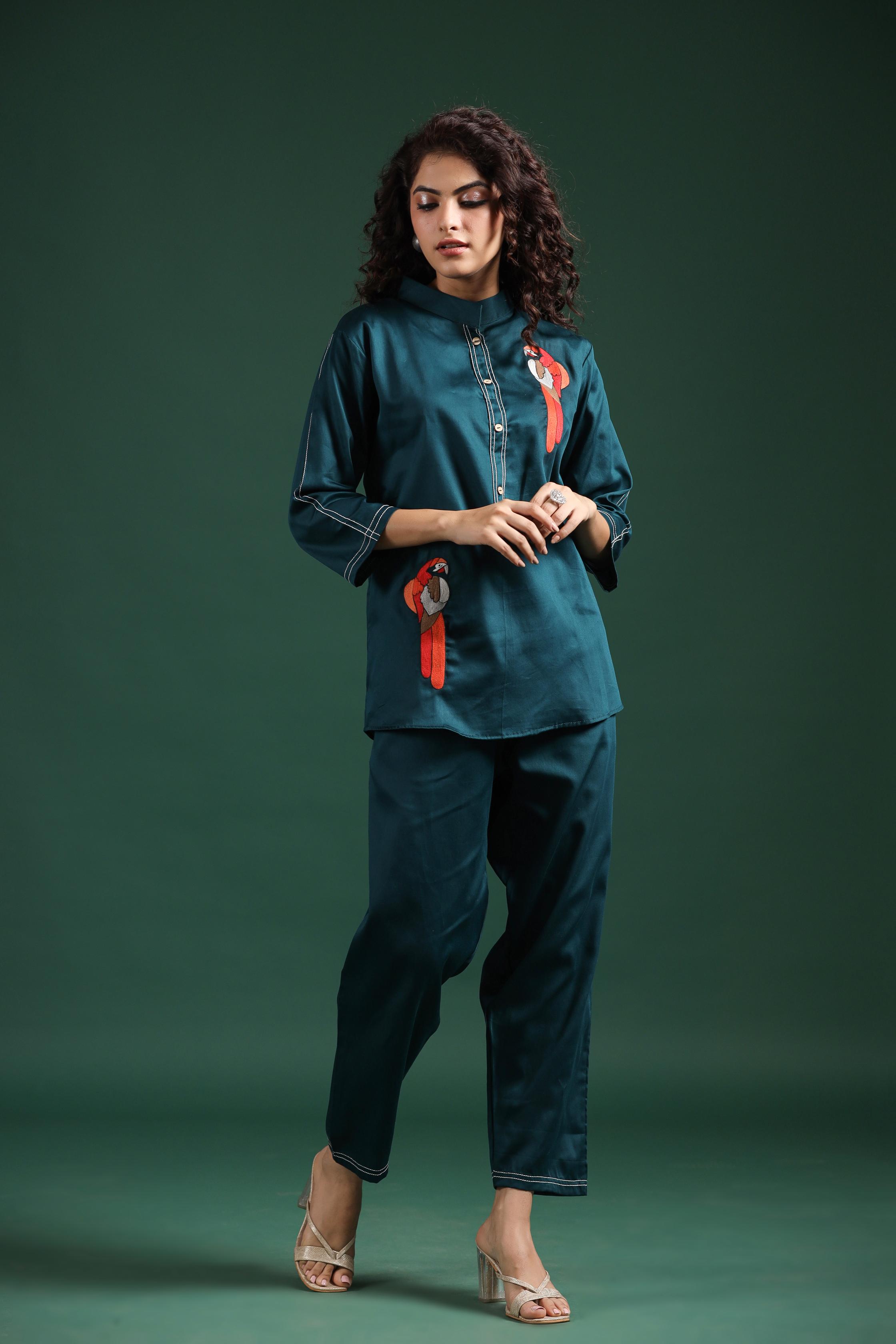 Teal Blue Embroidered Spanish Silk Co-Ord Set