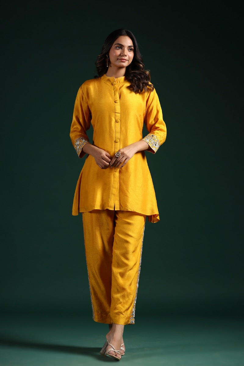 Bright Yellow Embroidered Raw Silk Co-Ord Set