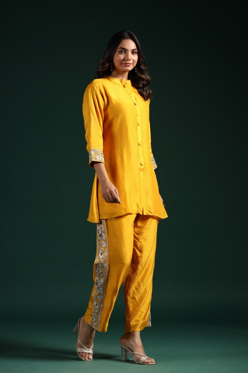 Bright Yellow Embroidered Raw Silk Co-Ord Set