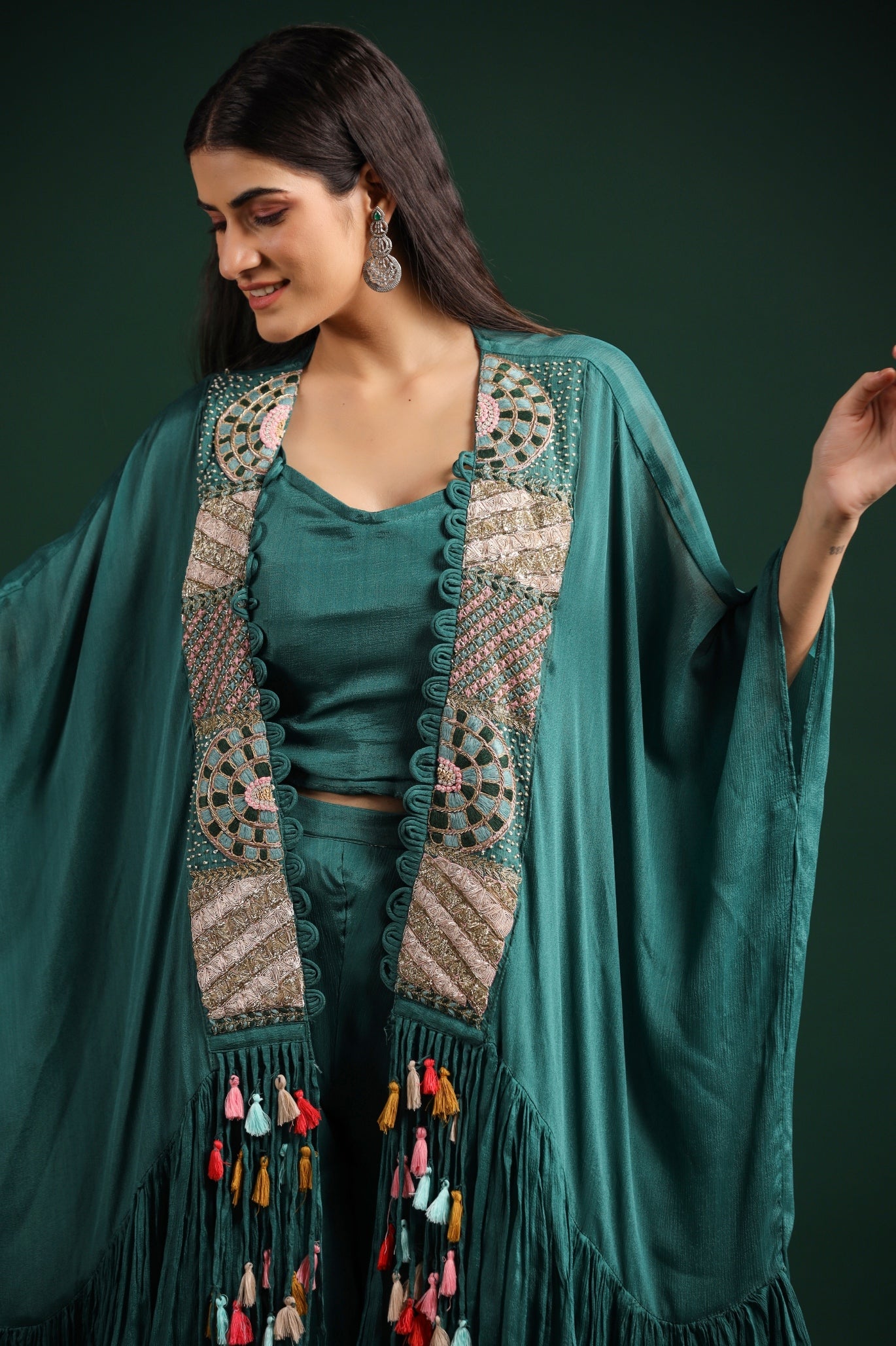 Teal Green Embellished Chinon Silk Cape Set