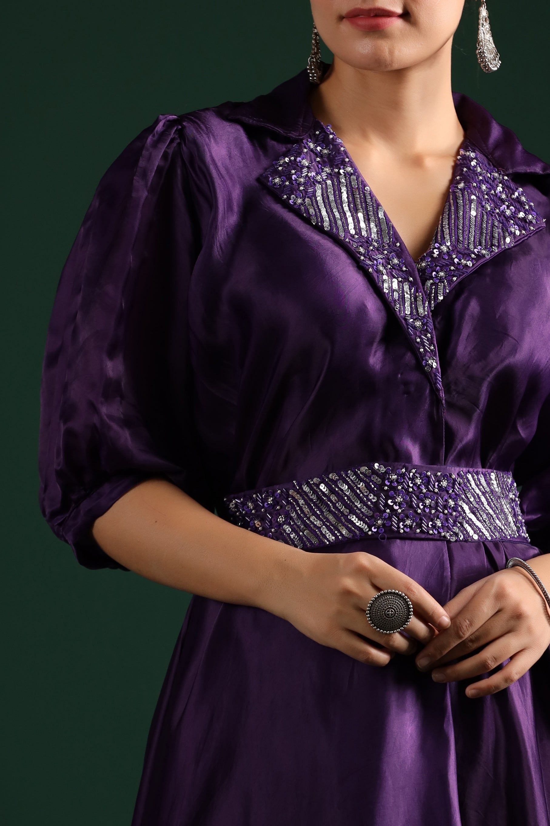 Purple Embellished Satin Silk Pants Set