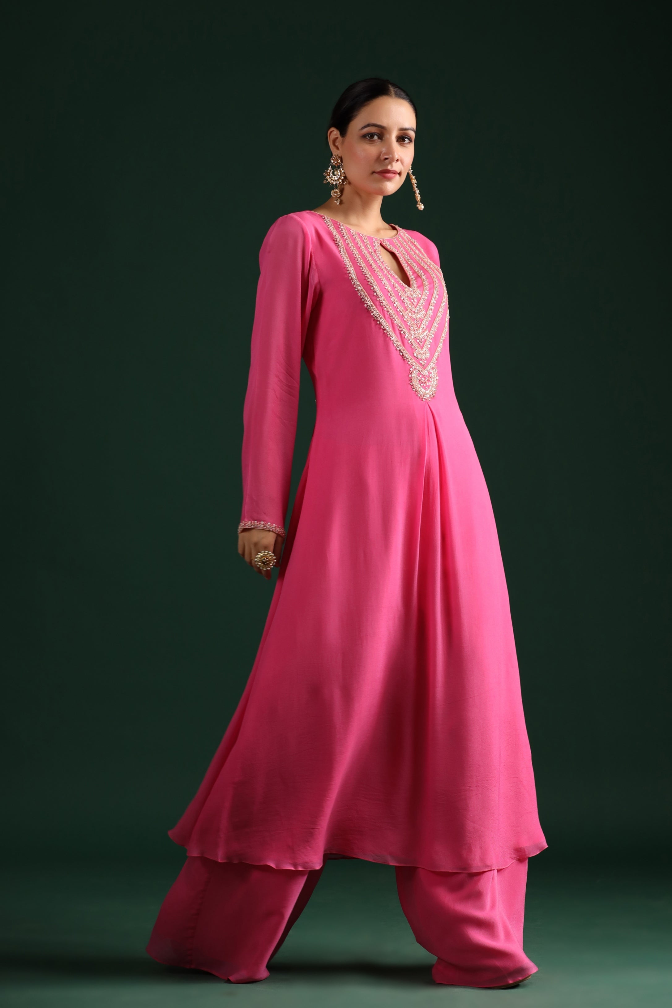 Rose Pink Embellished Premium Georgette Palazzo Set