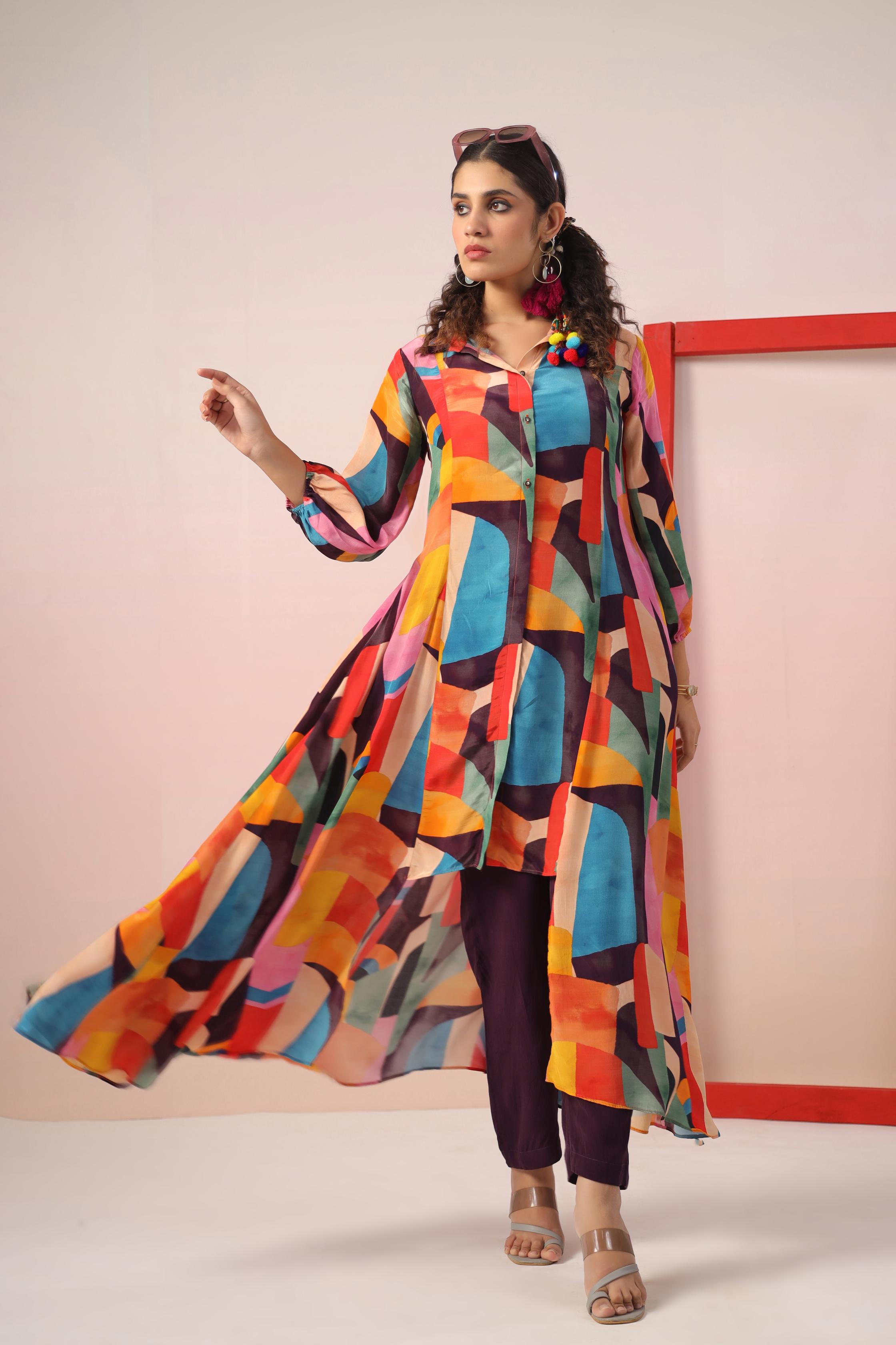 Multicolor Abstract Printed Crepe Silk Dress with Pants