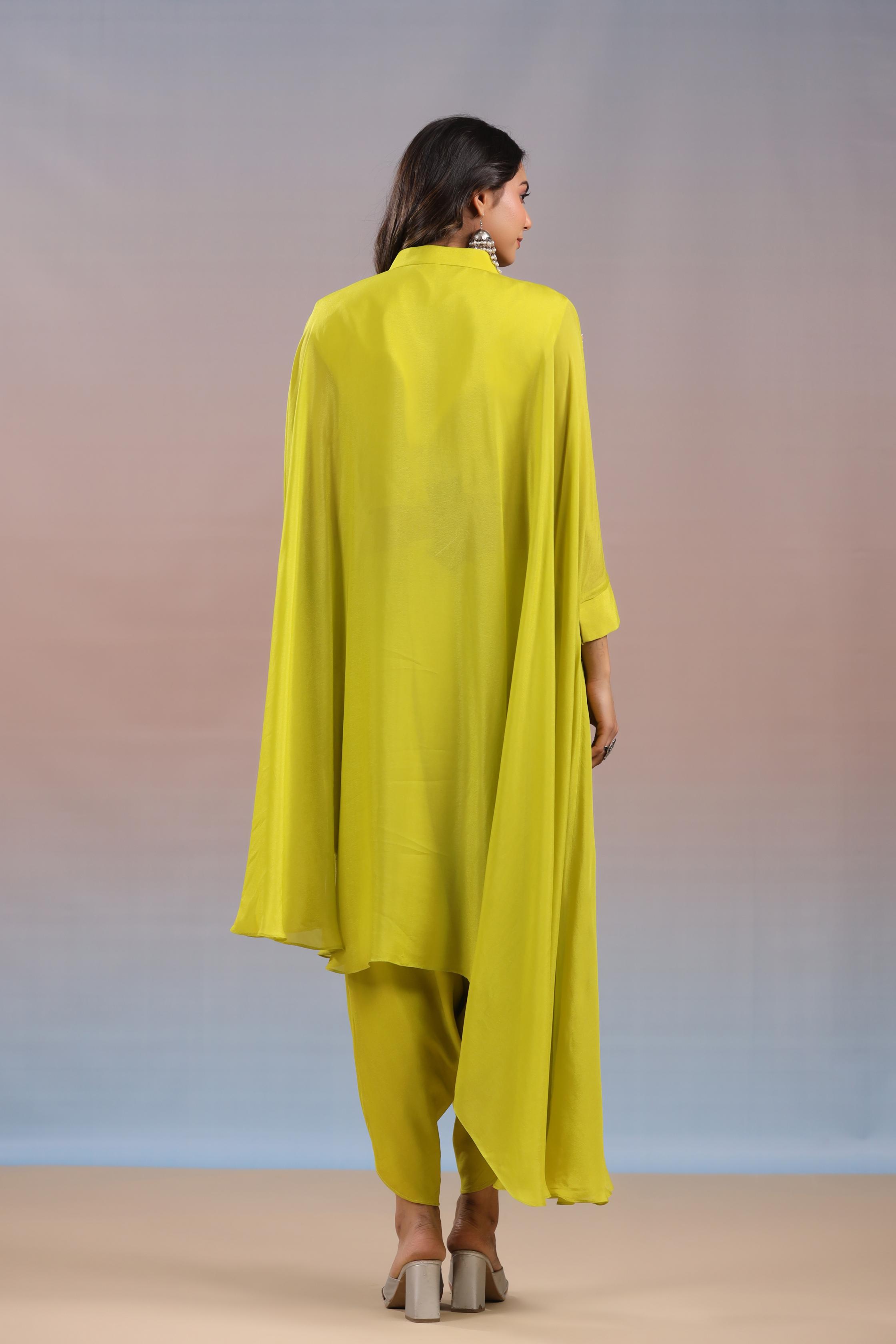 Neon Yellow Embellished Tunic & Dhoti Pants Set