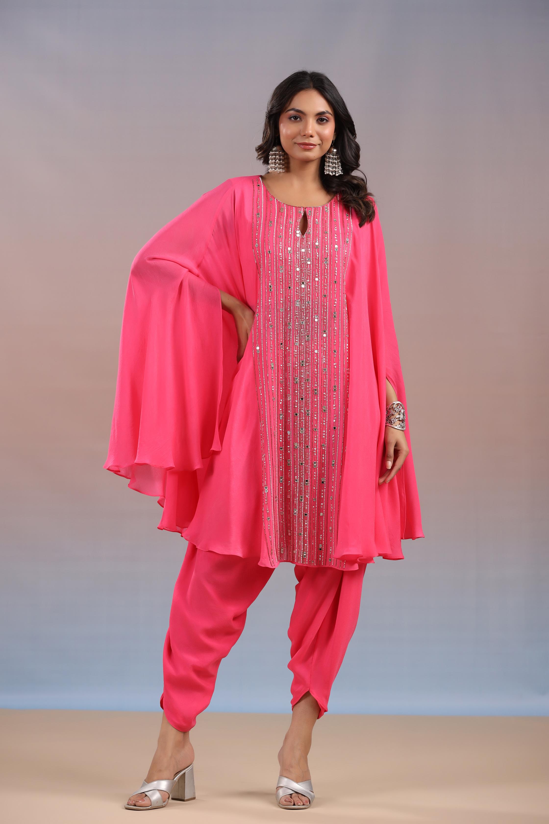 Brink Pink Embellished Vama Georgette Silk Tunic & Dhoti Pants Set