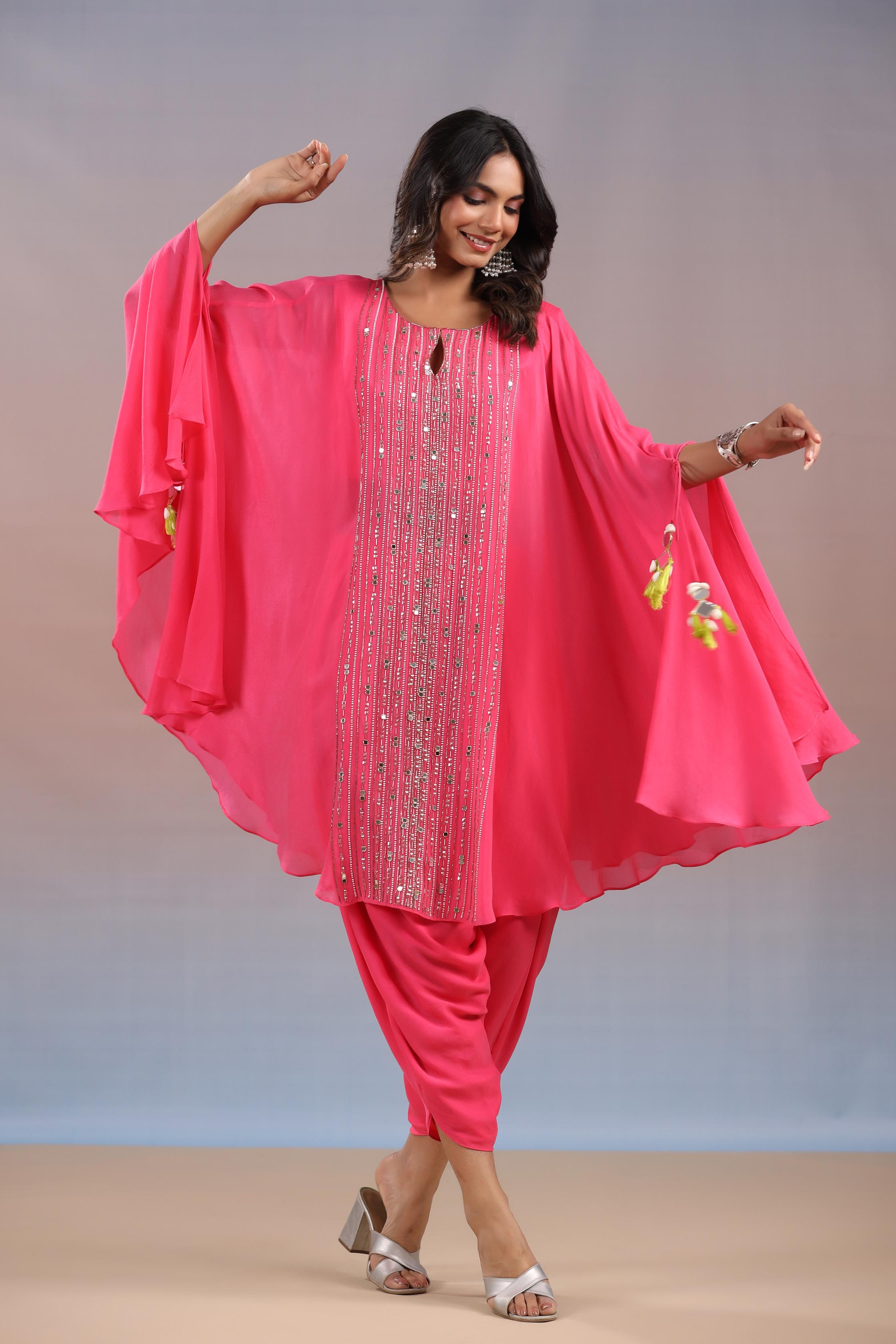 Brink Pink Embellished Vama Georgette Silk Tunic & Dhoti Pants Set