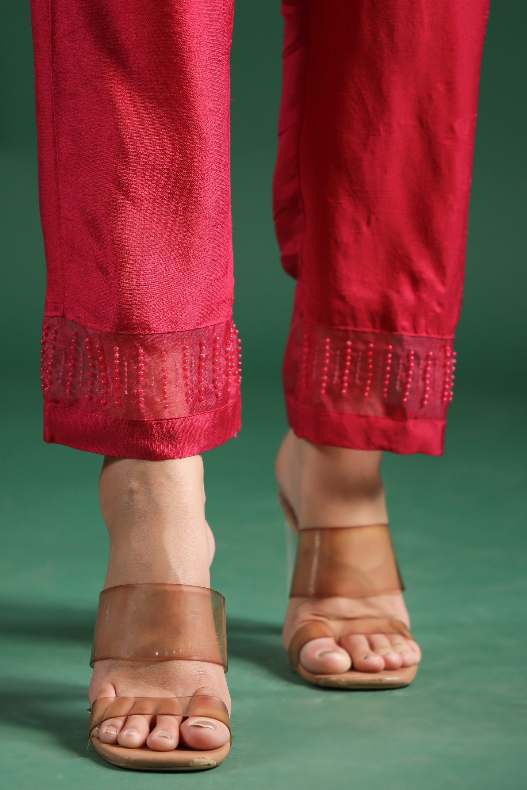 Deep Pink Embellished Dola Silk Pants Set