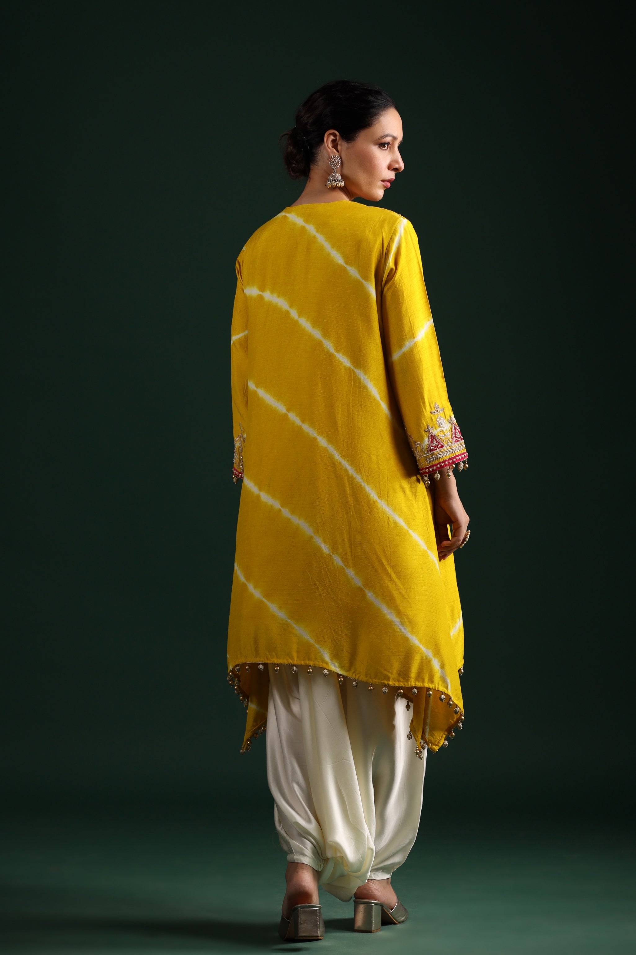 Golden Yellow Embellished Leheria Printed Harem Pants Set